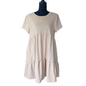 Tiered Babydoll Dress Womens L Beige Short Sleeve Casual Minimalist Neutral Fall